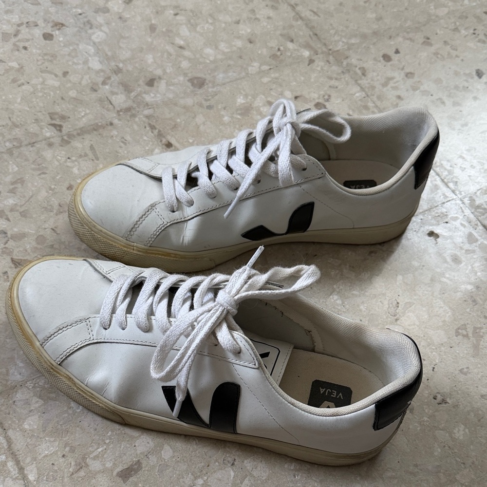 Veja White Leather Low-Top Sneakers with Black V Detail